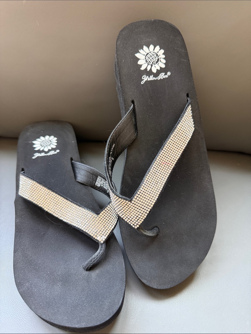 Yellow Box Black Flip Flop Sandals with Silver Rhinestone Straps